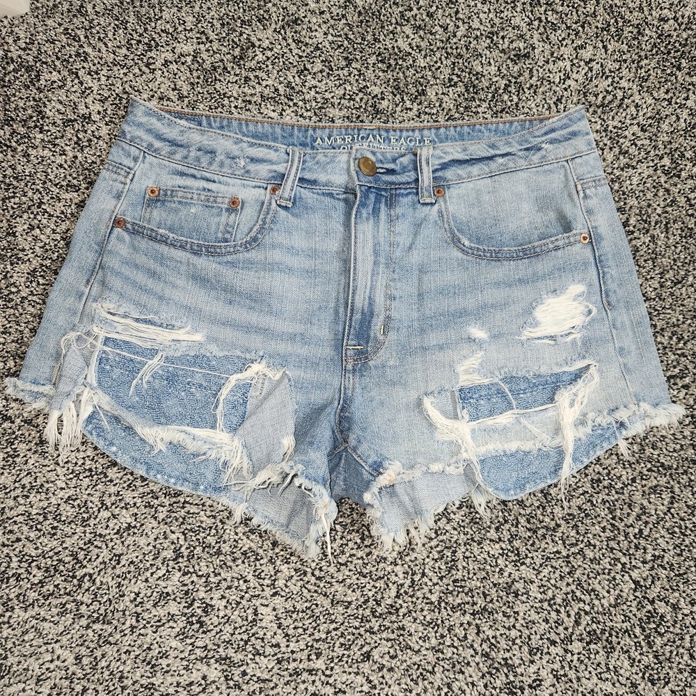 American Eagle Hi Rise Festival Jean Shorts Destressed Ripped Frayed Women's 12